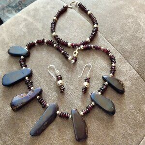 Ethiopian opal and garnet necklace, bracelet earrings set.